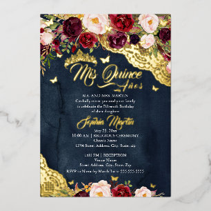 Floral Lace Navy Burgundy Butterfly Quinceanera Folieneinladung