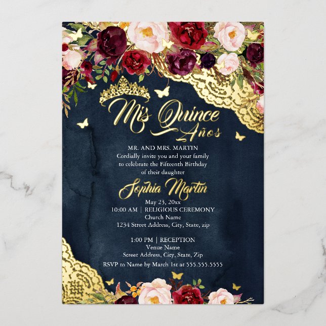Floral Lace Navy Burgundy Butterfly Quinceanera Folieneinladung (Vorderseite)