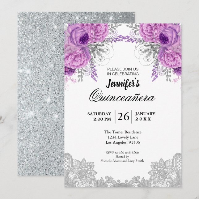 Floral Lace Quinceanera Einladung (Vorne/Hinten)