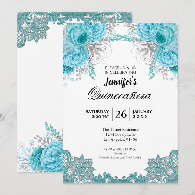 Floral Lace Quinceanera Einladung (Vorne/Hinten)