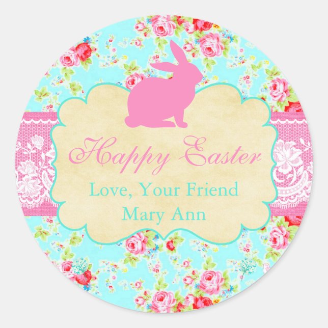 Floral Lace Shabby Chic Happy Oaster Personalisier Runder Aufkleber (Vorderseite)