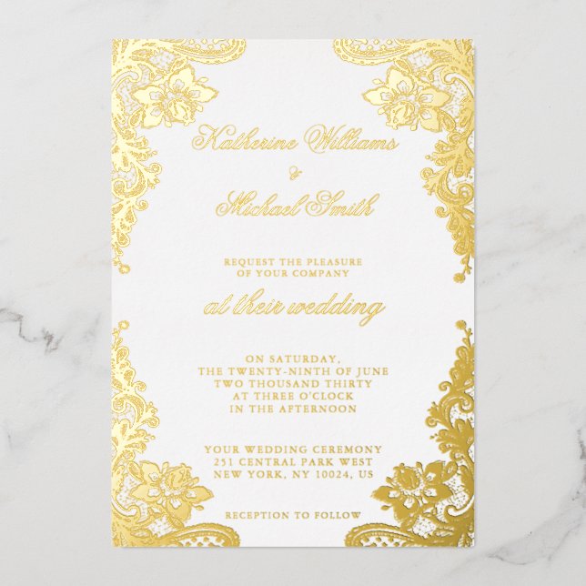 Floral Lace Wedding Real Gold Foil Folieneinladung (Vorderseite)