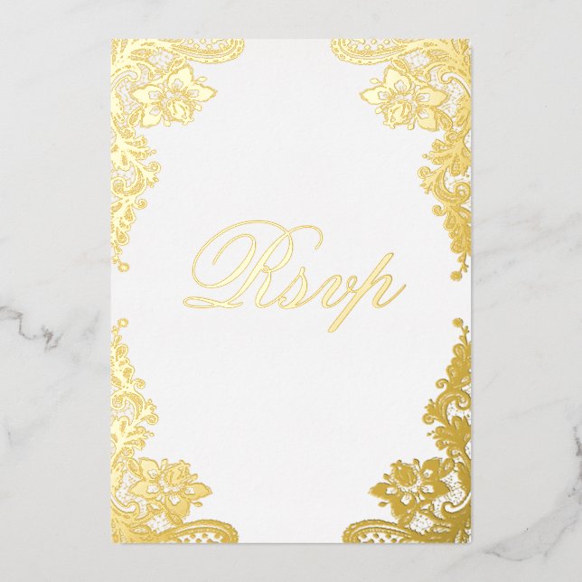 Floral Lace Wedding RSVP Real Gold Folieneinladung (Vorderseite)