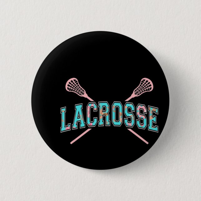 Floral Lacrosse Crossed Sticks LAX Girly Aquamarin Button (Vorderseite)