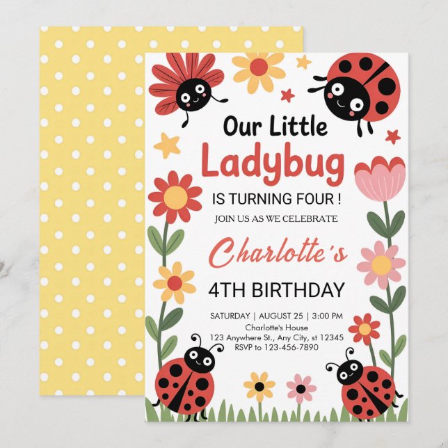 Floral ladybug birthday einladung (Vorne/Hinten)