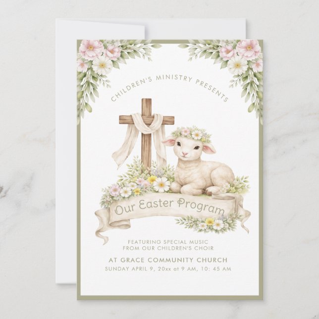 Floral Lamb with Cross | Easter Program Invitation Einladung (Vorderseite)