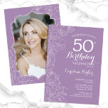 Floral Lavender Lila Foto 50. Geburtstagsparty Einladung<br><div class="desc">Dusty Pink Floral Foto 50. Geburtstag Party Einladung. Minimalistisches modernes Design mit botanischen Kontur Zeichnungen Akzente und Typografie Drehbuch Schriftart. Einfache,  trendige Einladungskarte für eine stilvolle Damenfeier. Kann für jedes Alter angepasst werden. Gedruckte Zazzle Einladungen oder Sofortdownload digitalen druckbaren Vorlage.</div>