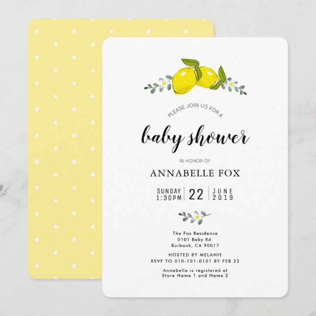 Floral Lemon Citrus Elegant Baby Dusche Einladung (Vorne/Hinten)
