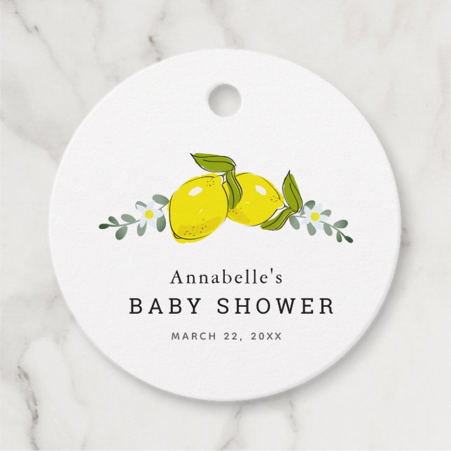 Floral Lemon Citrus White Baby Dusche Geschenkanhänger (Vorderseite)