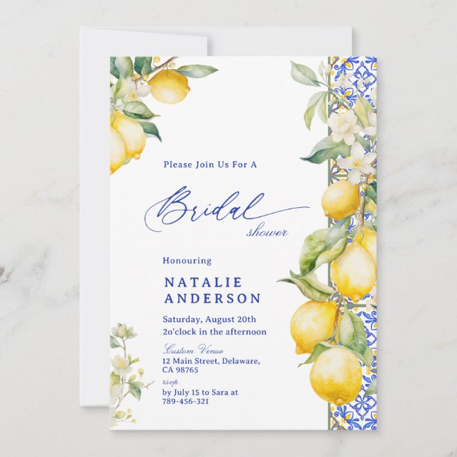 Floral Lemon Mediterranean Blue Tile Bridal Shower Einladung (Vorderseite)