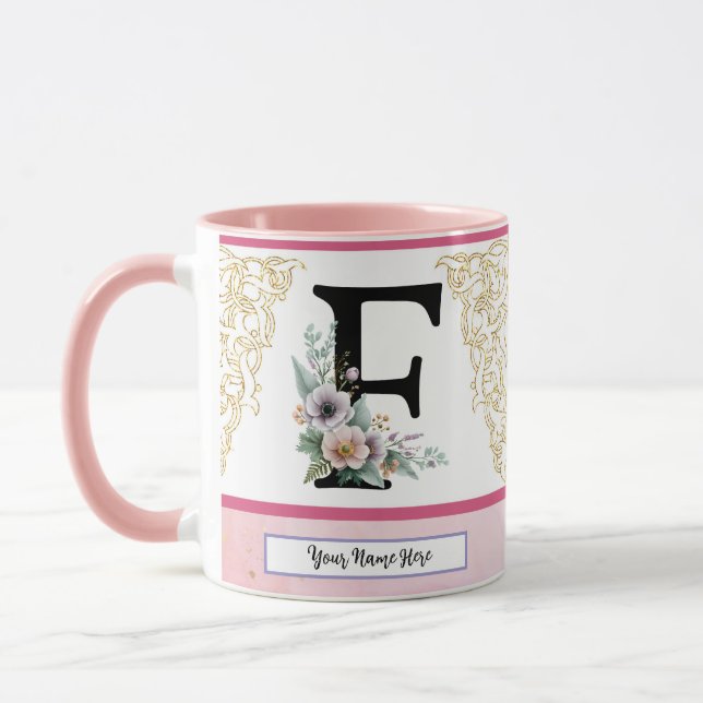 Floral Letter F – Personalized with Name Coffe Mug Tasse (Links)