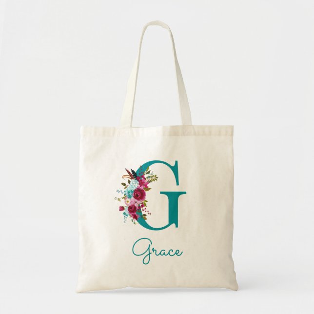 Floral Letter G Script Monogram Aquamarin rosa Tragetasche (Vorne)