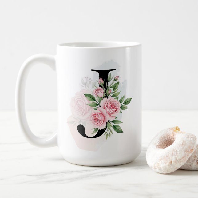 Floral Letter J - Soft Pastell Monogramm Kaffeetasse (Mit Donut)