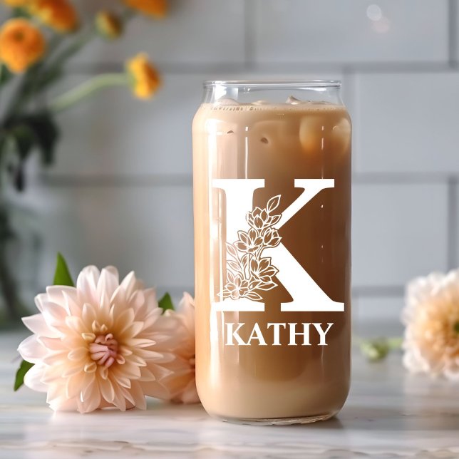 Floral Letter K Monogramm Personalisiert Name Weiß Dosenglas (Von Creator hochgeladen)