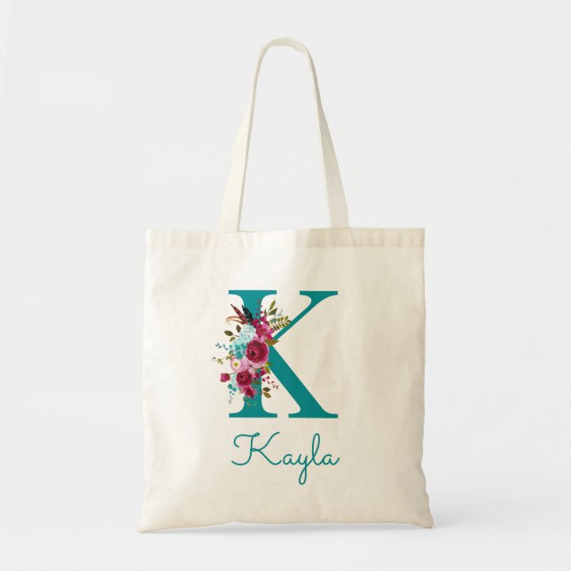 Floral Letter K Script Monogram Aquamarin rosa Tragetasche (Vorne)