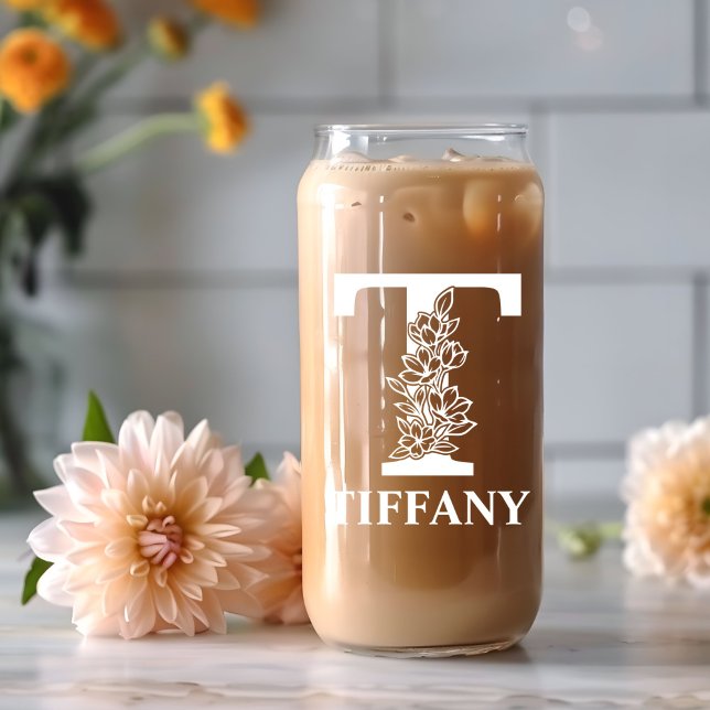 Floral Letter T Monogramm Personalisiert Name Weiß Dosenglas (Von Creator hochgeladen)