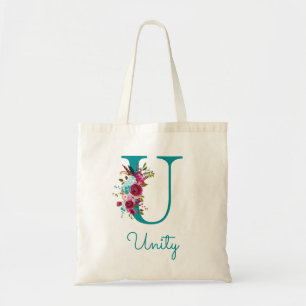 Floral Letter U Script Monogram Aquamarin Pink Tragetasche