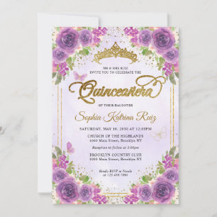 Floral Light Lila Gold Glitzer Crown Quinceañera Einladung