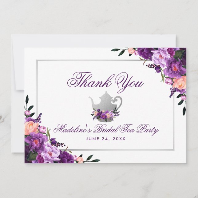 Floral Lila Bridal Tee Party Vielen Dank Dankeskarte (Vorderseite)