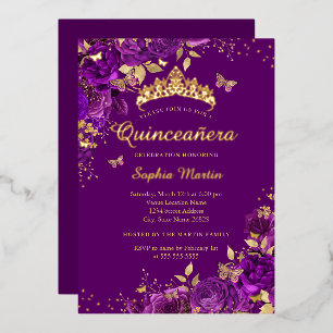 Floral Lila Butterfly Gold Quinceanera Folieneinladung
