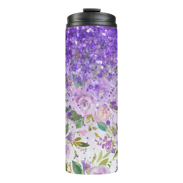 *~* Floral Lila Glitzer Rose Muster Girl Thermosbecher (Vorderseite)