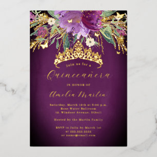 Floral Lila Gold Amethyst Quinceanera Folieneinladung