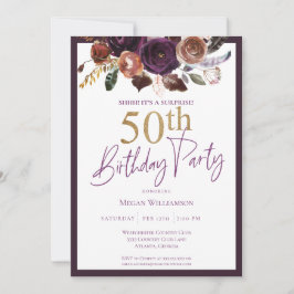 Floral Lila Gold Überraschung 50. Geburtstagsparty Einladung
