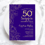 Floral Lila Gold Überraschung 50. Geburtstagsparty Einladung<br><div class="desc">Blumengoldüberraschung 50. Geburtstagsparty Einladung. Minimalistisches modernes Design mit botanischen Akzenten und Typografie-Script-Schriftart. Einfache florale Einladungskarte perfekt für eine stilvolle weibliche Überraschung am Tag. Kann für jedes Alter angepasst werden.</div>