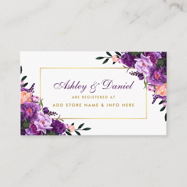 Floral Lila Gold Wedding Registrierungskarte Begleitkarte (Vorderseite)