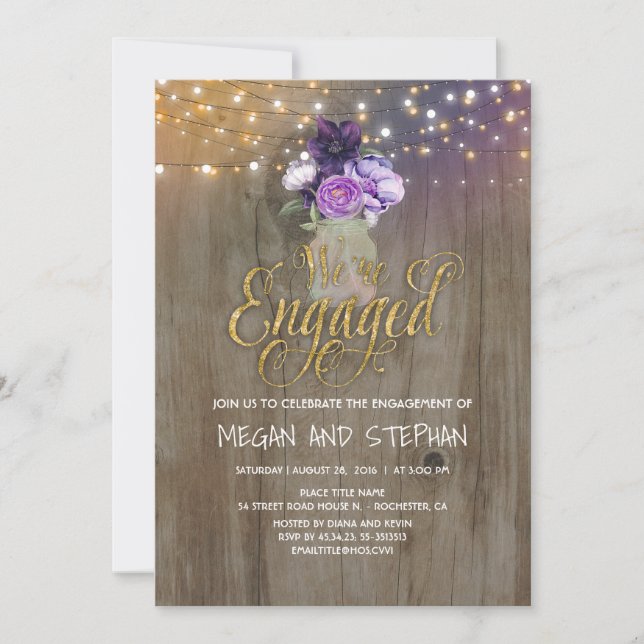 Floral Lila Mason Jar Rustikale Engagement Partei Einladung (Vorderseite)