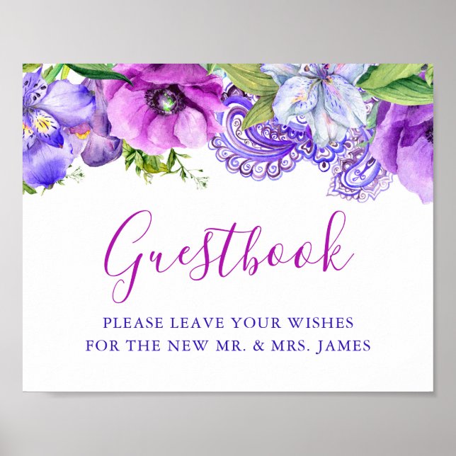 Floral Lila Paisley Wedding Guestbook Sign Poster (Vorne)