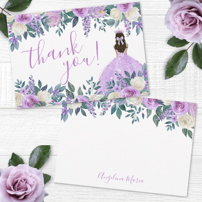 Floral Lila Quinceañera Dankeskarte (Floral Purple Quinceañera Thank You Card)
