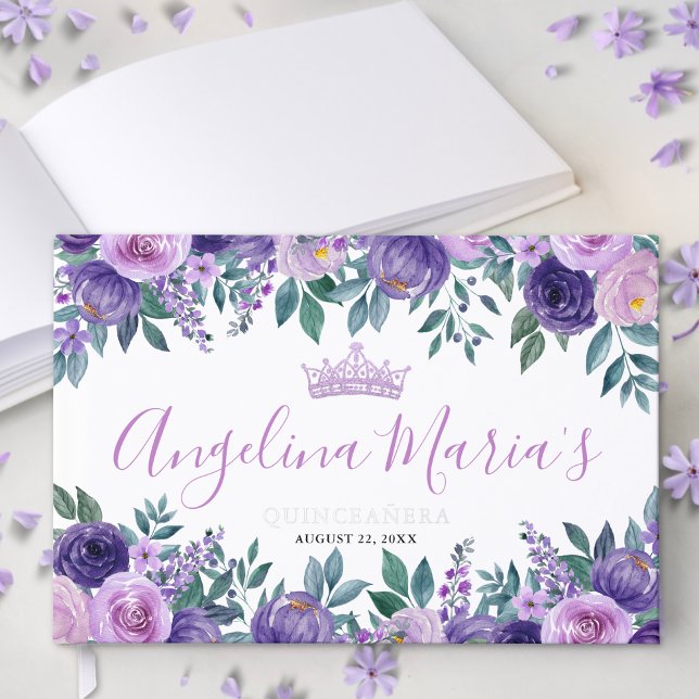 Floral Lila Quinceanera Gästebuch (Floral Purple Quinceanera Foil Guest Book)