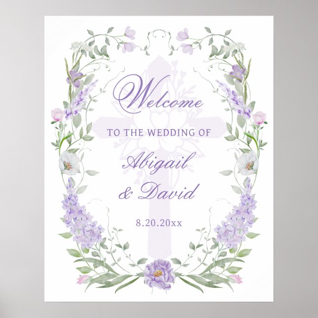 Floral lila Rahmen religiöse Hochzeitsbegrüßung Poster (Vorne)