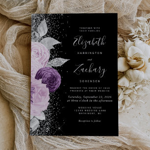 Floral Lila Silber Glitter Schwarz Hochzeit Einladung