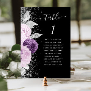 Floral Lila Silber Glitter Schwarz Hochzeit Tischnummer