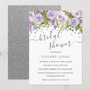 Floral Lila Silver Confetti Brautparty Einladung