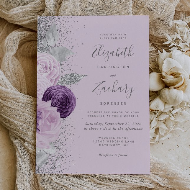 Floral Lila Silver Glitzer Lilac Wedding Einladung (An elegant choice for a wedding with a purple or lilac and silver color palette.)