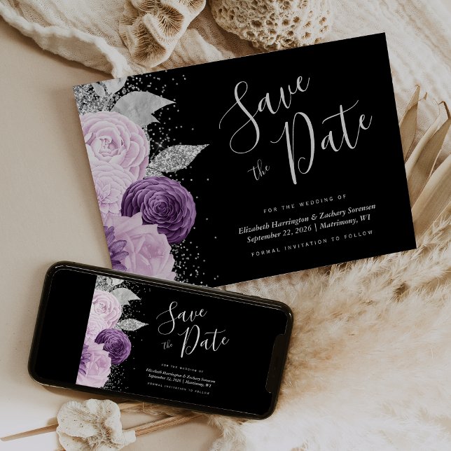 Floral Lila Silver Glitzer Save the Date Schwarz Einladung (Von Creator hochgeladen)