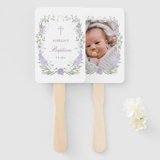 Floral Lilac Lavender Frame Taufe Fächer (Vorne und Hinten)