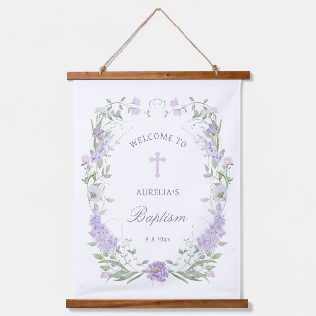 Floral Lilac Lavender Frame Taufe Willkommen Wandteppich Mit Holzrahmen (Vorderseite)