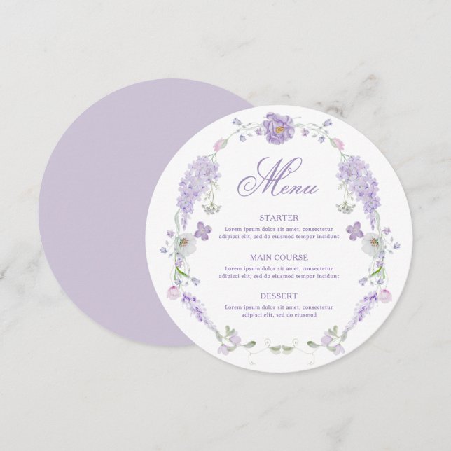 Floral Lilac Lavender Wreath Round Menu Menükarte (Vorne/Hinten)