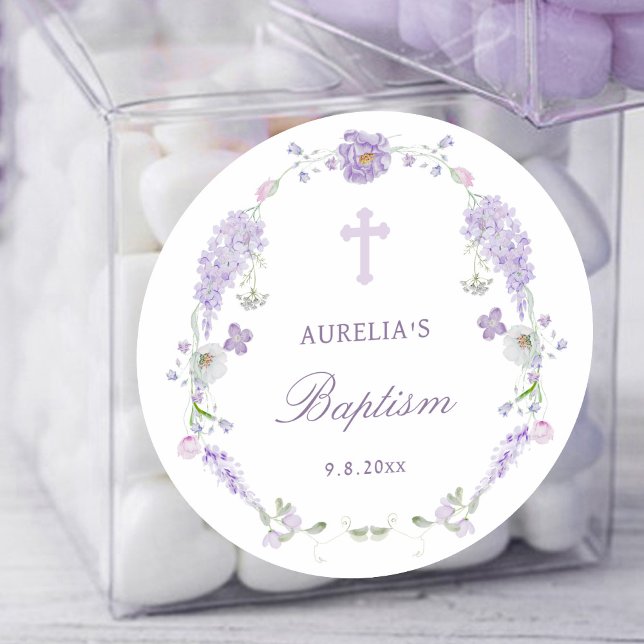Floral Lilac Lavender Wreath Taufe Runder Aufkleber (Von Creator hochgeladen)