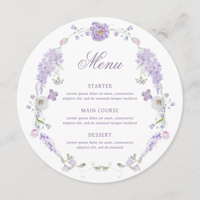 Floral Lilac Wreath Round Menu Menükarte (Vorderseite)