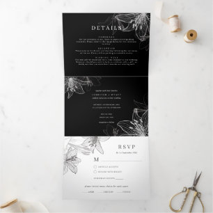 Floral Lilies B&W Tripler Tout En Une Invitation