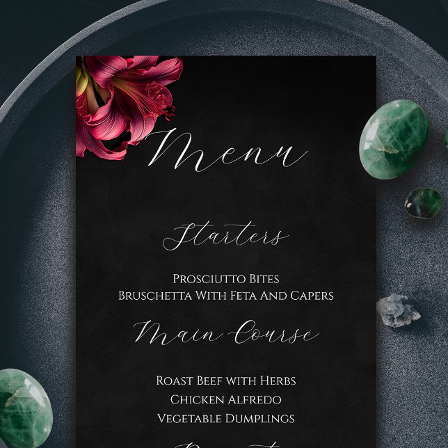 Floral Lily Dark Gothic Wedding Menu Menükarte (Floral Lilly Moody Gothic Wedding Menu)