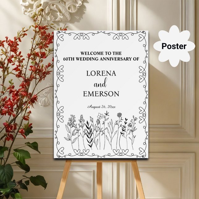 Floral Line Art 60. Hochzeitstag Willkommen Poster (Von Creator hochgeladen)