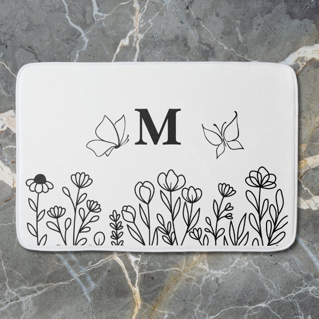 Floral Line Art Custom Monogram Badematte (Von Creator hochgeladen)