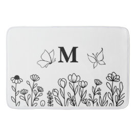 Floral Line Art Custom Monogram Badematte