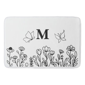 Floral Line Art Custom Monogram Badematte